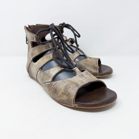 Bed Stu ROAN Taupe Leather Flat Gladiator Sandals Women's Sz 8 Lace Up/Back Zip - Picture 1 of 10